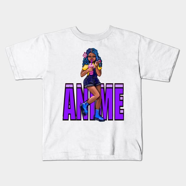 Cute Kawaii black Girl with bubble tea, African American, Black cartoon, purple text anime, game character girl Kids T-Shirt by Artonmytee